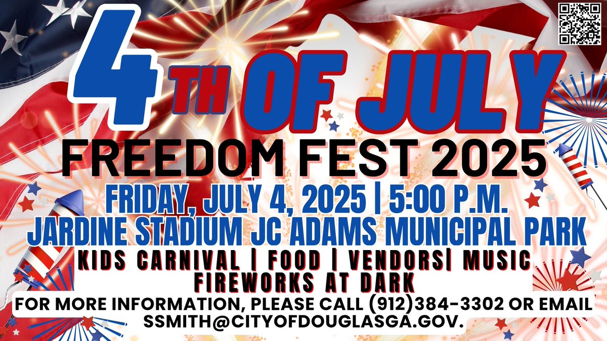 The City of Douglas, Pilgrim’s, GFL Environmental, and other great partners will host the 2025 Freedom Fest celebration on Friday, July 4, 2025, at JC Adams Municipal Park - Jardine Stadium. The gates will open at 5 p.m., and stadium seating will be provided.