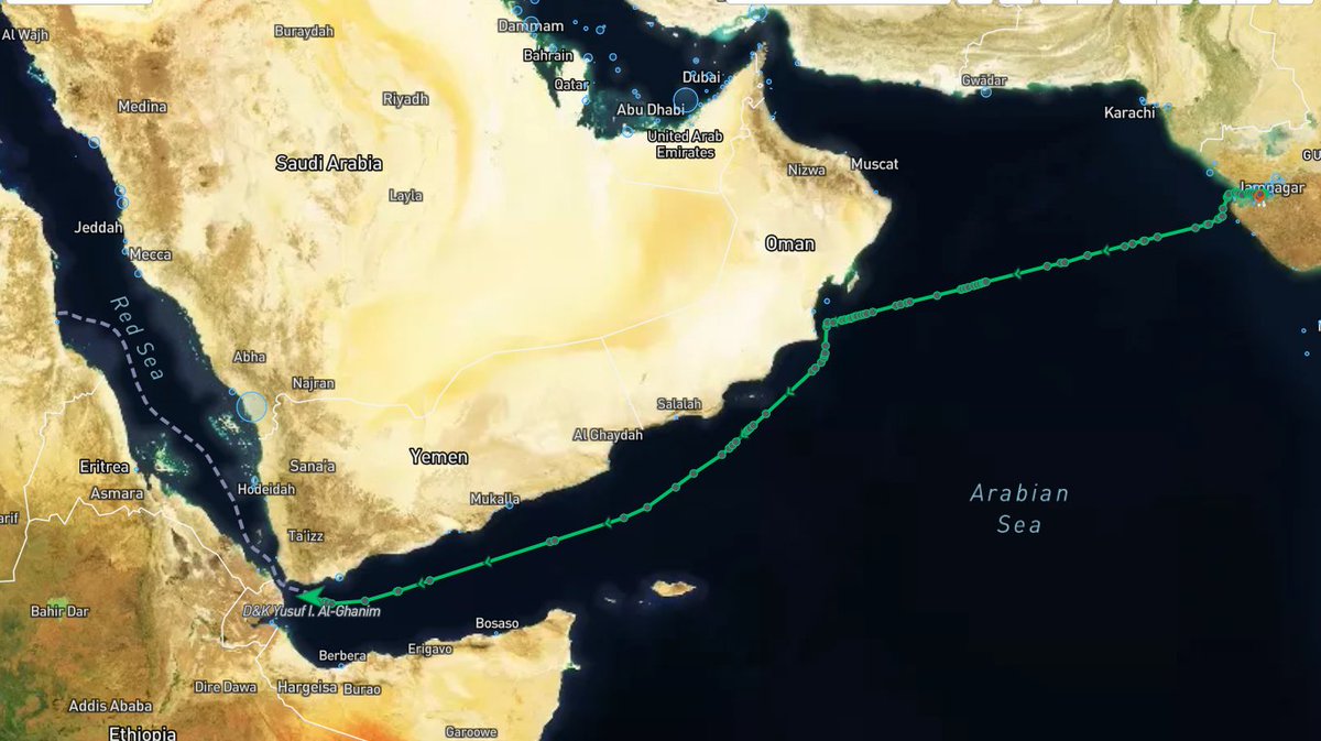 This is an interesting shipment:

🟡A tanker carrying gasoline from India to Sudan, the first shipment from India since November 2022.

🟡Most of Sudan's gasoline imports come from Saudi Arabia, the UAE, and sometimes Russia.

Map source: <a href="/Kpler/">Kpler</a>