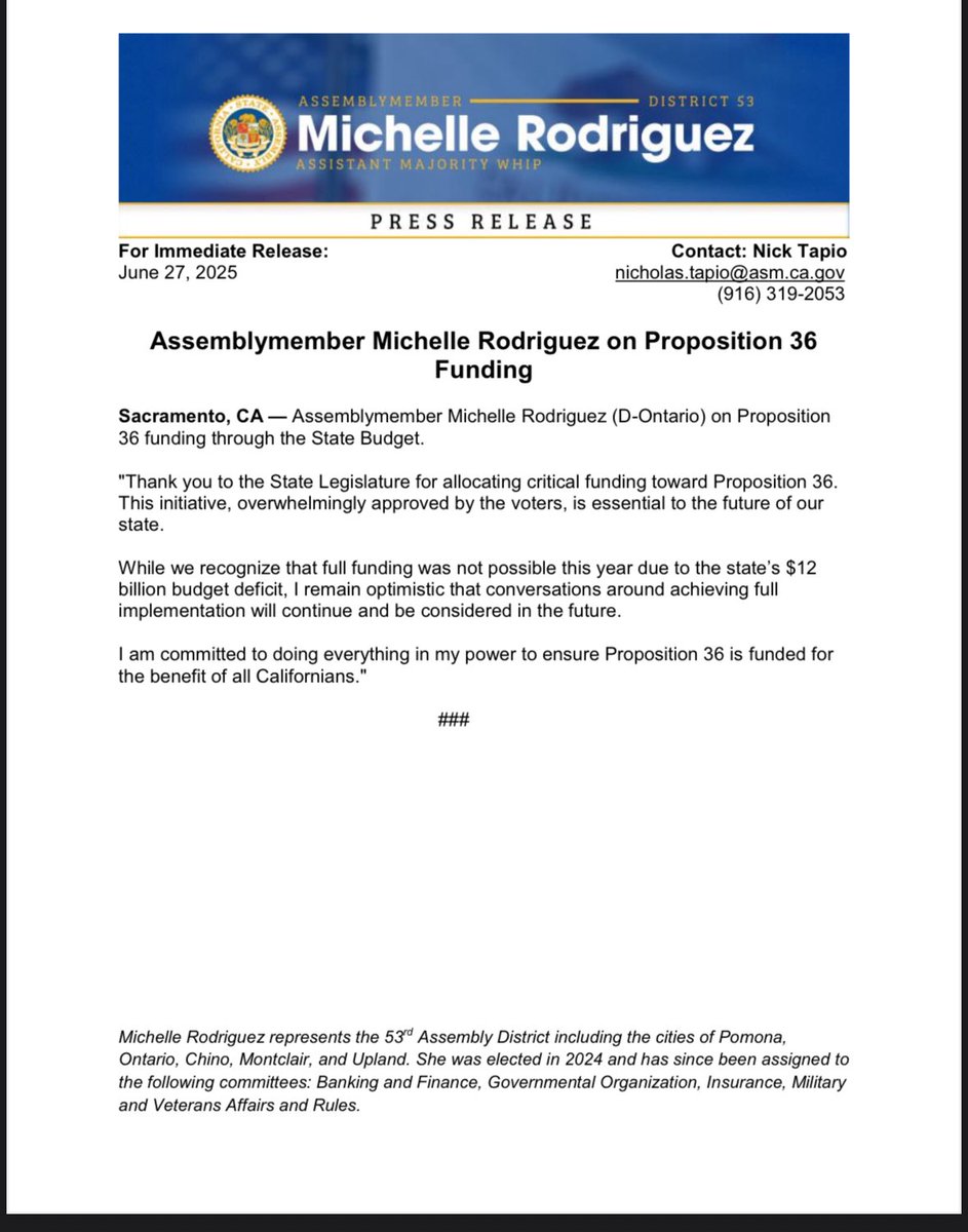 AsmMRodriguez's tweet image. My statement on Proposition 36 funding through the State Budget.