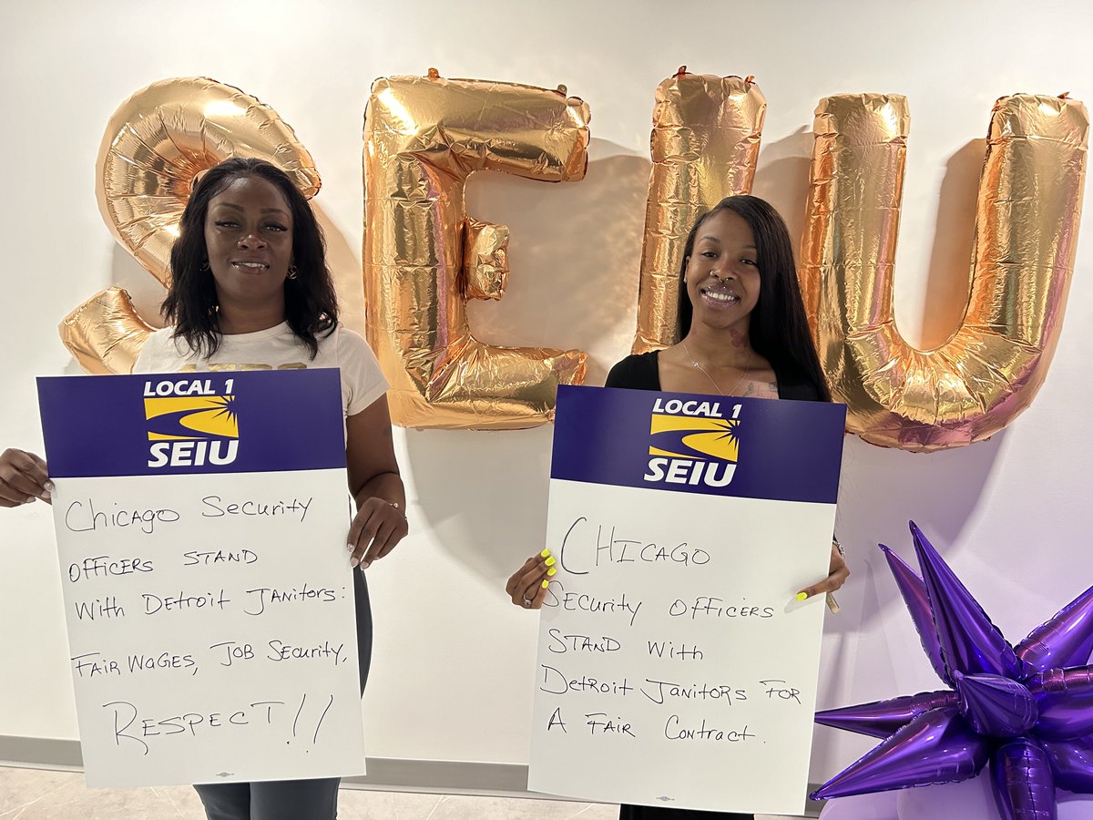 SEIULocal1's tweet image. Chicago’s SEIU Local 1 Security Officers are standing in solidarity with Detroit janitors in their fight for a strong contract. Janitors and security officers work shoulder to shoulder every day—and they know: fair pay and respect for janitors lifts standards for all workers.