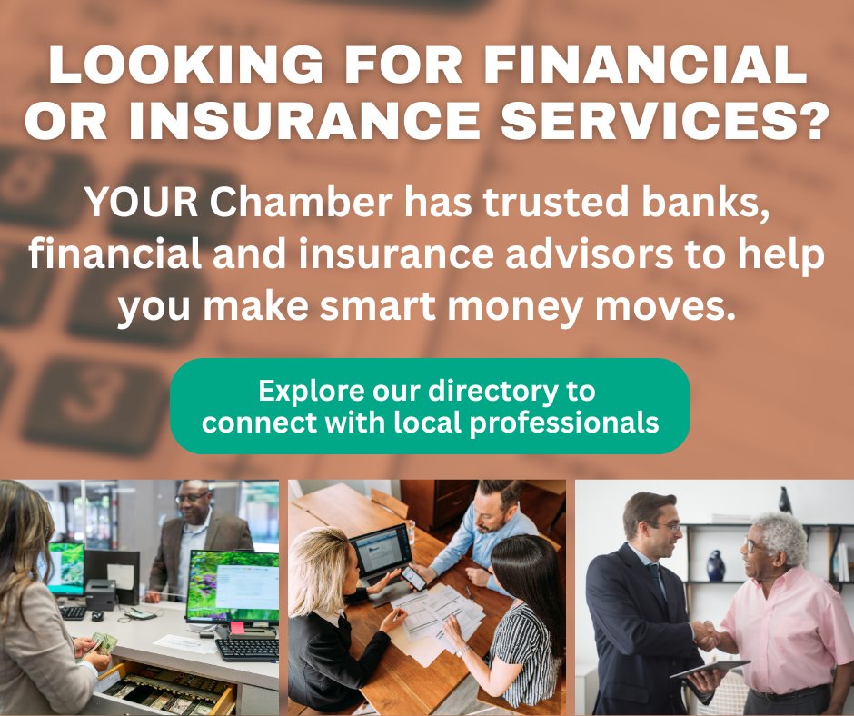 Planning for your future? Buying a home? Saving for college? Whatever your financial goals, YOUR Chamber is proud to have trusted banks and financial advisors ready to help you make smart money moves. Explore our directory of local professionals: bit.ly/3TLiuWh.