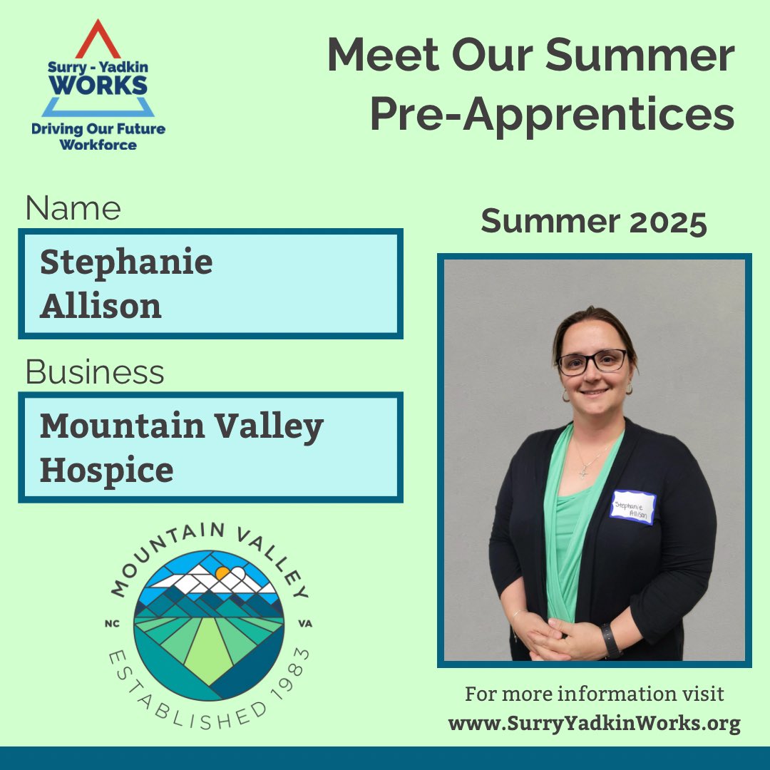 Meet our Mountain Valley Hospice Summer Pre-Apprentices, Stephanie Allison!
#SurryYadkinWorks #CTEforNC