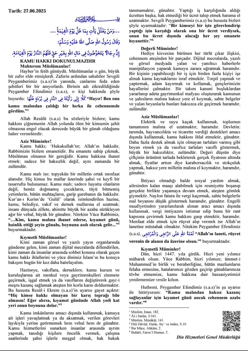İşte bu;
Diyanet İşleri Başkanlığını tebrik ediyorum. Hayatın içinden bir konu.
Kamu hakkı meselesi.
Ancak, sadece cuma namazı için camiye gelenler dinlemiş oldu.
Bu hutbe kamu spotu yapılıp televizyonlarda yayınlanmalı.