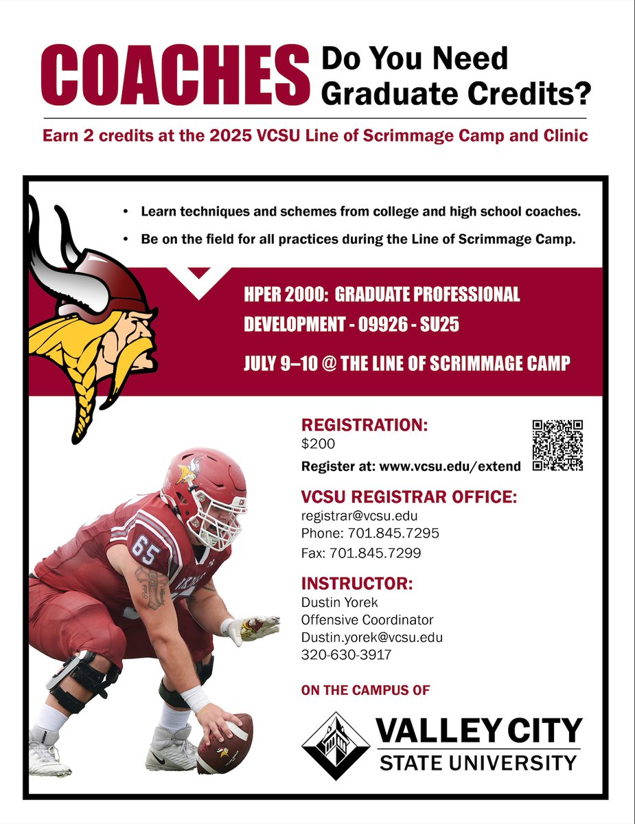 COACHES! Need grad credits? 📚🏈

Earn 2 credits at the 2025 VCSU Line of Scrimmage Camp!

✅ Learn from college &amp; HS coaches
✅ Be on the field for all practices
📅 July 9–10 | 💲$200 | 📍 VCSU

🔗 vcsu.edu/extend

#CoachesClinic