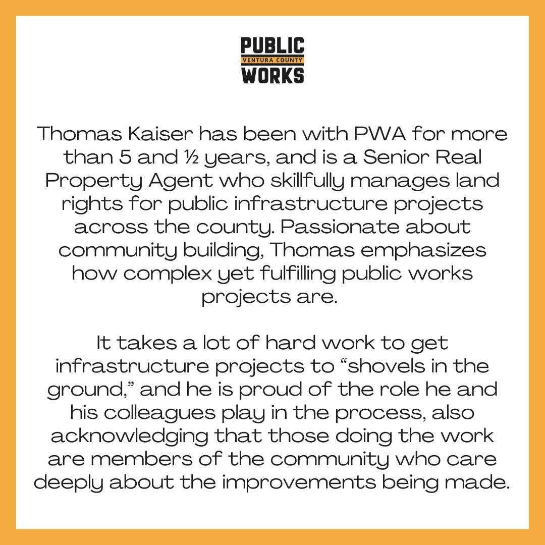 VCPublicWorks's tweet image. Thomas Kaiser has been with PWA for more than 5 and ½ years, and is a Senior Real Property Agent who skillfully manages land rights for public infrastructure projects across the county.
