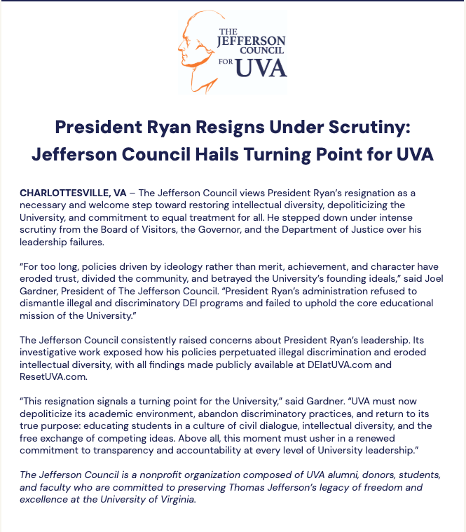 PRESS RELEASE: On the Resignation of Jim Ryan