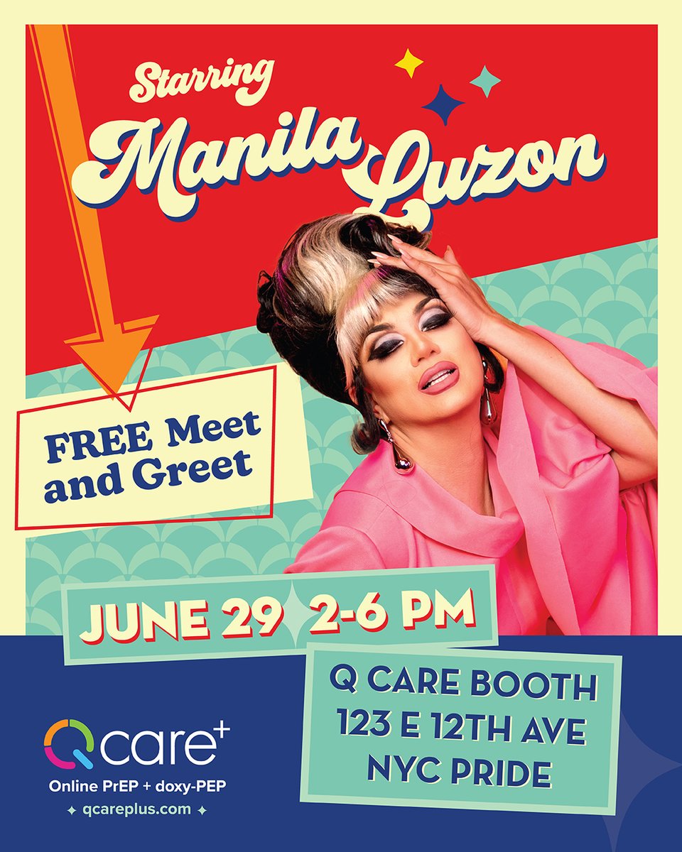 Q Care Plus (@getqcareplus) on Twitter photo The one and only <a href="/manilaluzon/">Manila Luzon</a> is sashaying her way to New York City Pride for an absolutely FREE meet & greet—brought to you by your best Judys at Q Care Plus!
📍 Q Care Plus Booth at New York City Pride on 123 E 12th Ave. The one and only <a href="/manilaluzon/">Manila Luzon</a> is sashaying her way to New York City Pride for an absolutely FREE meet & greet—brought to you by your best Judys at Q Care Plus!
📍 Q Care Plus Booth at New York City Pride on 123 E 12th Ave.