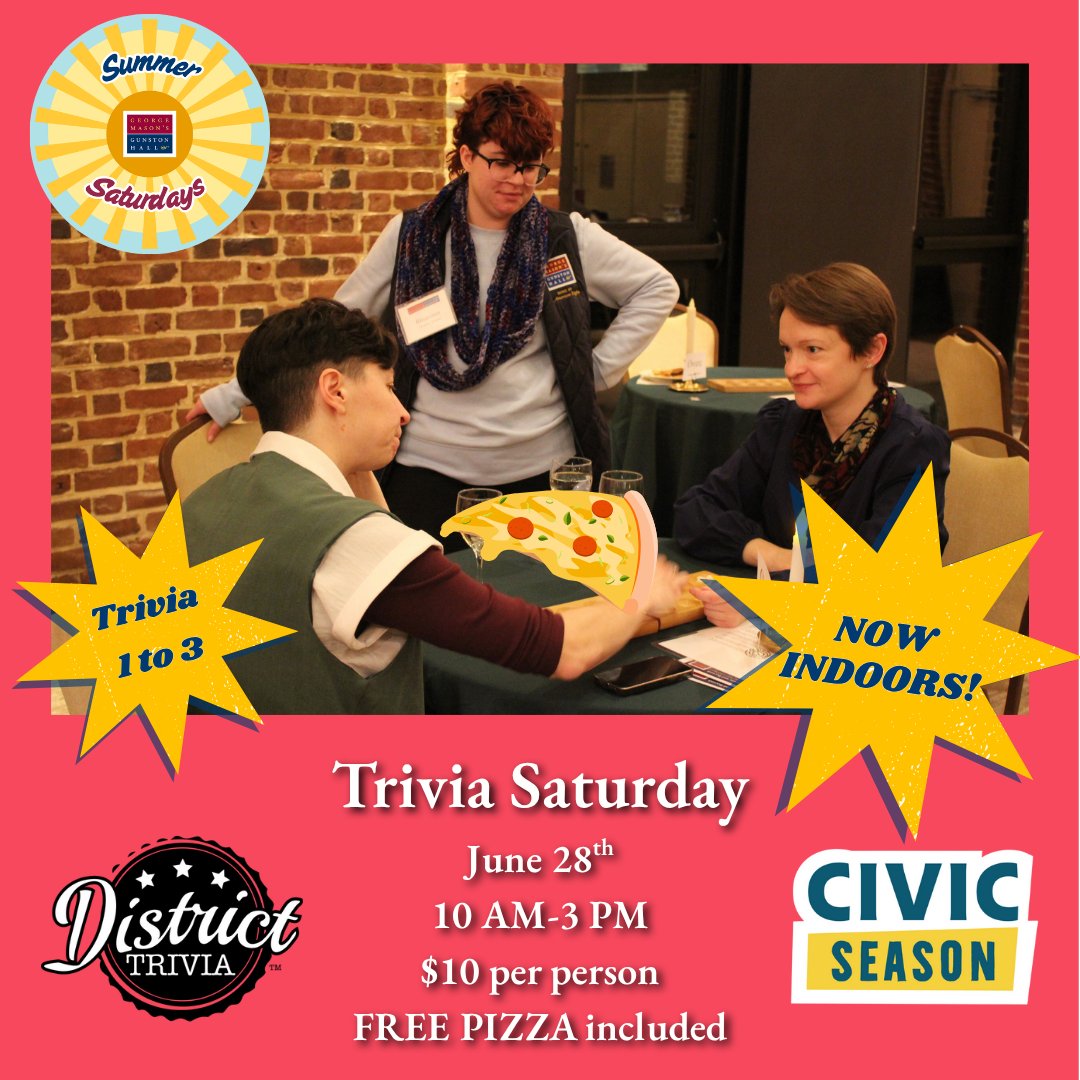 🧠🍕 Join us tomorrow at #GunstonHall for #trivia &amp; free #pizza! 1–3 PM. We are partnering with <a href="/DistrictTrivia/">District Trivia</a>. ‼️Note: due to extreme heat we will be indoors.  $10 admission. Bring school supplies for 20% off! 🎟️ gunstonhall.org/events/summer-…
#SummerSaturdays #LortonVA  #CivicSeason