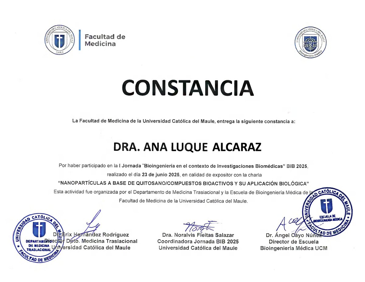🧡🌎 Orgullo UES internacional: Ana Guadalupe Luque Alcaraz, investigadora de Ingeniería Biomédica en Hermosillo, participó en la conferencia BIB 2025 en Talca, Chile 🇨🇱, con su ponencia sobre nanopartículas de quitosano y aplicaciones biomédicas. 👏📚 

#OrgulloBerrendo
