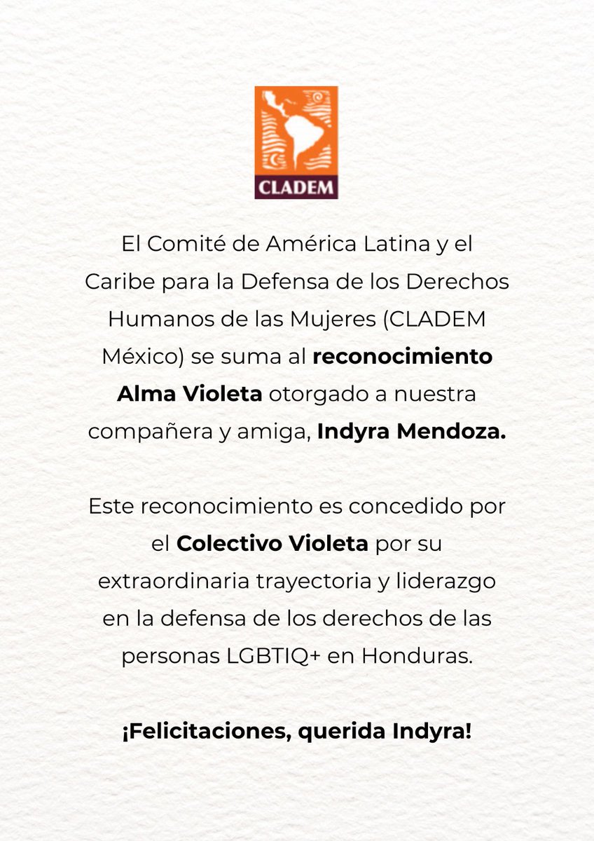 Cladem Jalisco (@clademjal) on Twitter photo Felicidades queridas compañeras de la Red Lésbica Cattrachas y nuestra querida Indyra Mendoza Aguilar. Merecido reconocimiento!
<a href="/CATTRACHAS/">CATTRACHAS</a> Felicidades queridas compañeras de la Red Lésbica Cattrachas y nuestra querida Indyra Mendoza Aguilar. Merecido reconocimiento!
<a href="/CATTRACHAS/">CATTRACHAS</a>