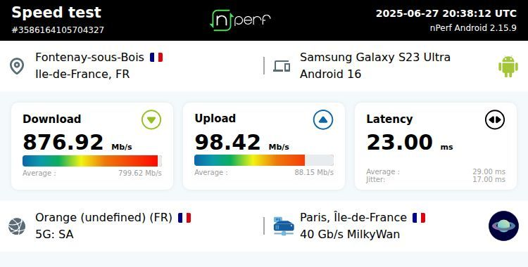 LuiiisBaker's tweet image. ↓876924 kb/s ↑98419 kb/s, ⇄ 23 ms / mobile:Orange Mobile / #GalaxyS23Ultra / #nPerf v2.15.9 /