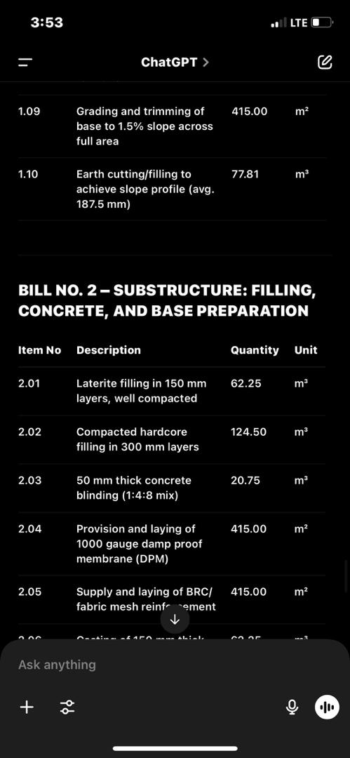 Hi_This_Gabriel's tweet image. Will AI take Quantity Surveyors Jobs???
I used ChatGPT to prepare a takeoff list calculation and the BOQ
All I just needed to do was know what items I should work on, How's it done and I guided it
Embrace AI in your work as a Friend or Learn a New Skill