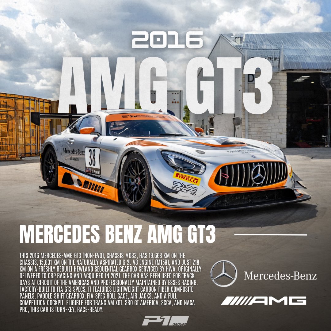 P1Groupe's tweet image. FOR SALE: 16’ Mercedes-AMG GT3
Race-Ready | $295,000
📍 Texas

Chassis: 19,668KM | Engine: 15,831KM | 218KM on newly serviced Gearbox. Former Trackday Car, maintained by Esses Racing.

For more info visit 🔗 P1Groupe.com
#amg #carsforsale #motorsports #racecar