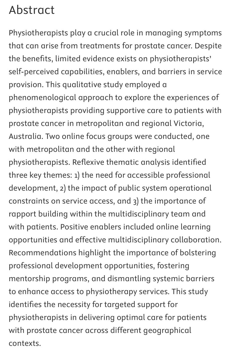 ⭐️New Paper in Press⭐️

Our qual study explored prostate cancer care and Physiotherapists in metro and regional VIC. Three key themes emerged, find out more here: LINK: lnkd.in/gkXT9bVX
Congratulations Alesha Sayner on your PhD work 🙌🏻