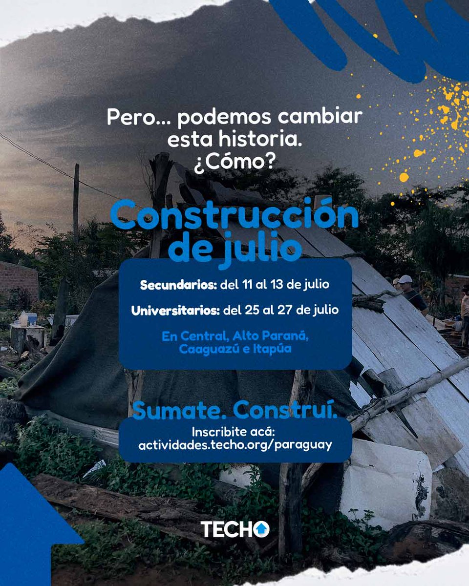 📍Este julio, sumate a transformar con tus propias manos:
📅 11 al 13 de julio – construcción con secundarios
📌 En Central y Alto Paraná
📅 25 al 27 de julio – construcción con universitarios
📌 En Central, Alto Paraná, Caaguazú e Itapúa
🔗 actividades.techo.org/paraguay