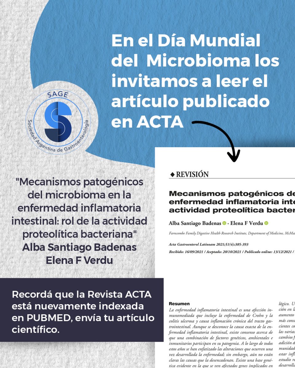#DíaMundialdelMicrobioma 👇👇👇

Los invitamos a leer el artículo actagastro.org/mecanismos-pat… 

#Acta #RevistaActa #SAGE #Microbioma