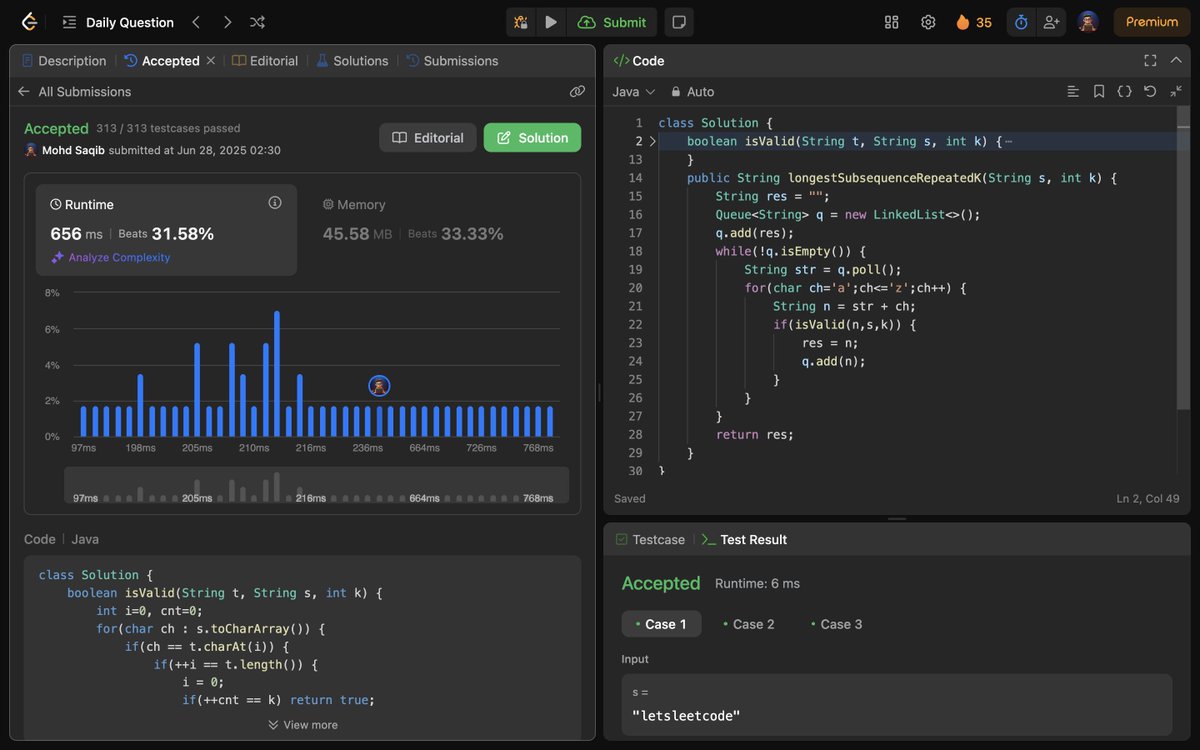 Mohd_Saqib_'s tweet photo. 🚀 Day 339 of Code 🚀

Solved:

✅ 2014. Longest Subsequence Repeated k Times (POTD)

#Day339 #LeetCode #DSA #DynamicProgramming #Subsequence #StringAlgorithms #ProblemSolving #100DaysOfCode https://t.co/bQboYZa5lQ