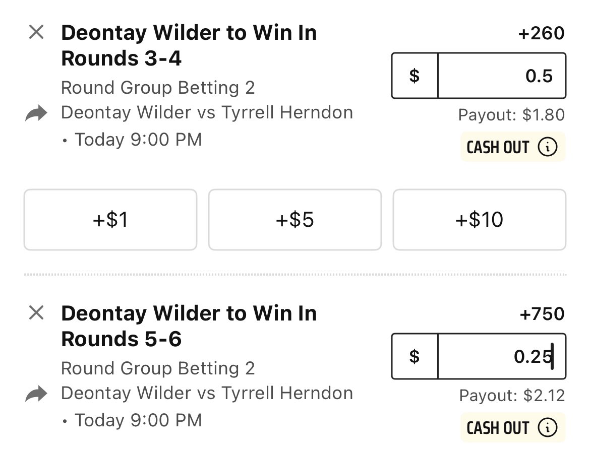 Wilder 3-4 +260 .5U
Wilder 5-6 +750 .25U

Wilder has never let us down 🤞🏽

#boxing