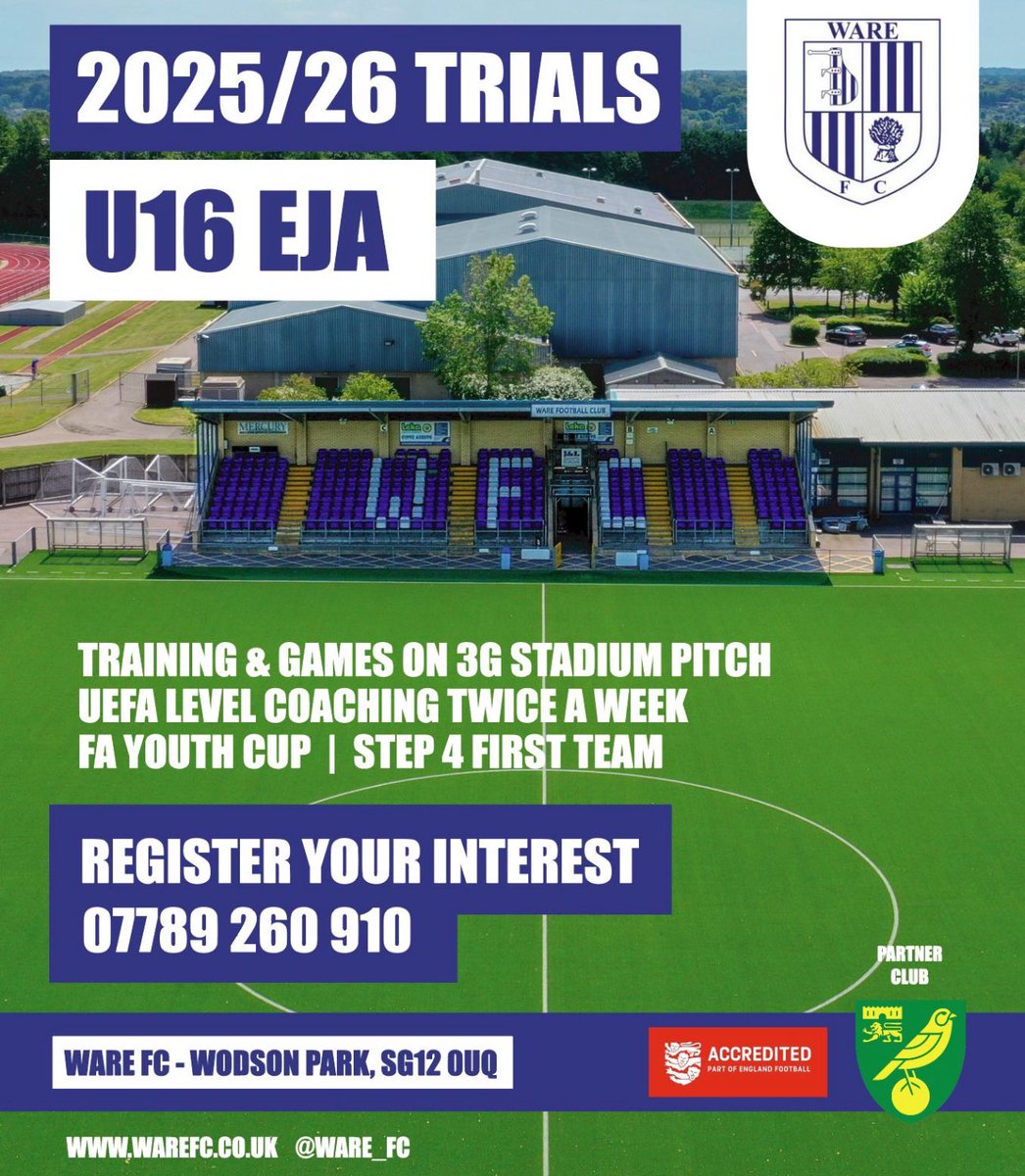 Trials now taking place at ware fc . Tuesdays 7-8.30 Thursdays 6.30-7.30 in our stadium