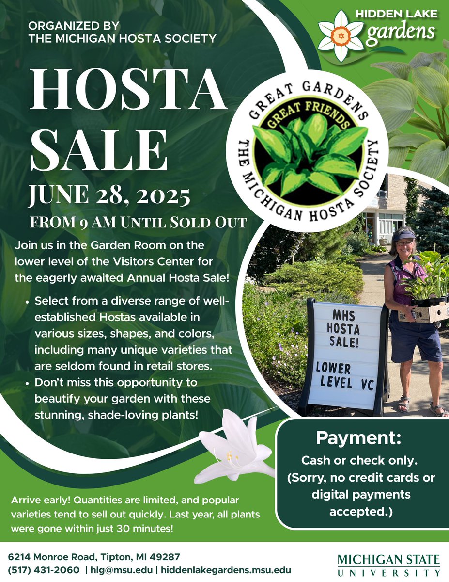 🌿 Hosta Sale – Sat, June 28 at 9 AM!
500 hostas • 300+ varieties • $10 each!
Rare &amp; unique finds—sold out in under 1 hour last year!
📍 Hidden Lake Gardens, Garden Room
💵 Cash/check only.
Arrive early! #HostaSale #PlantSale #HiddenLakeGardensofMSU