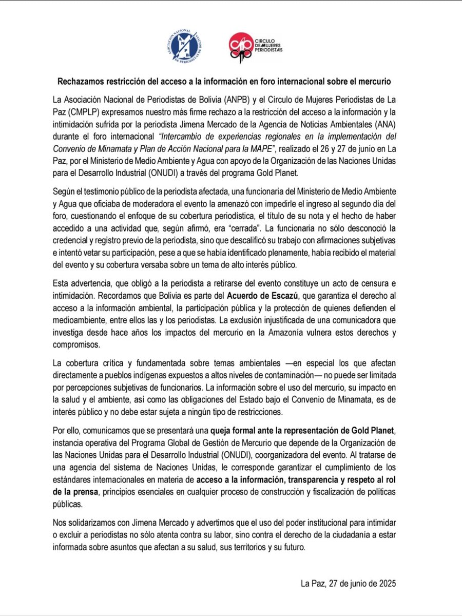 La información sobre los impactos del mercurio en salud y ambiente es un derecho de la ciudadanía. Denunciamos la exclusión arbitraria de la periodista Jimena Mercado en un foro internacional y exigimos garantías para el periodismo ambiental. #Escazú #DerechoAInformarse
