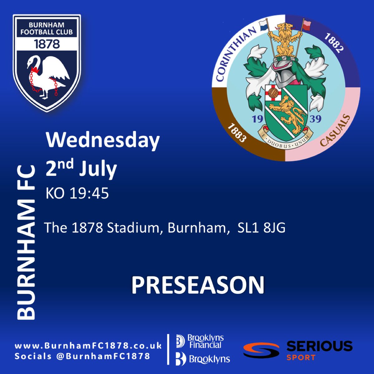 NEXT MATCH
Friendly 🤝

📅 Wednesday 02/07
⏱️ KO 19:45
🏟️ The 1878 Stadium 
🍺 🍔 Food &amp; Refreshments Available 

Admission FREE
No programmes for friendlies

Come and join in the fun, new supporters welcome 🙏 

Visitor info 
burnhamfc1878.co.uk/matchdays-at-b… 

<a href="/CorinthianCas/">Corinthian-Casuals</a> #preseason