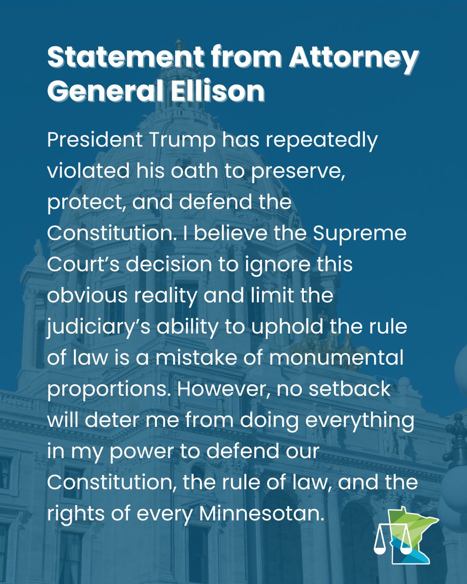AGEllison's tweet image. I remain confident that my fellow attorneys general and I will defeat President Trump's attempt to end birthright citizenship and strip citizenship from people born in the United States for the first time in over a century. Full statement here: ag.state.mn.us/Office/Communi…