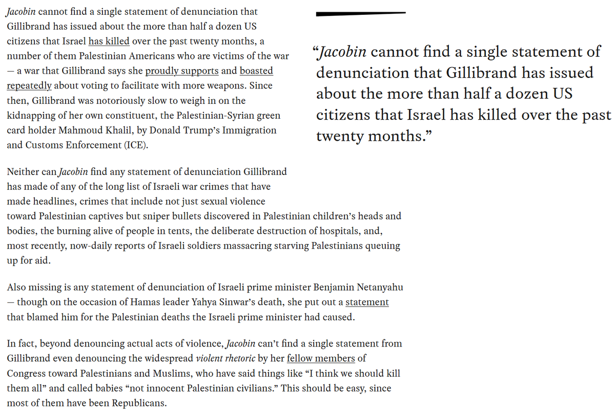 I went through Sen. Gillibrand's statements on Gaza. She hasn't denounced a single Israeli war crime or Netanyahu, hasn't condemned even Republicans' genocidal rhetoric, said nothing about Palestinian-Americans IDF killed + barely mentions the suffering inflicted on Palestinians