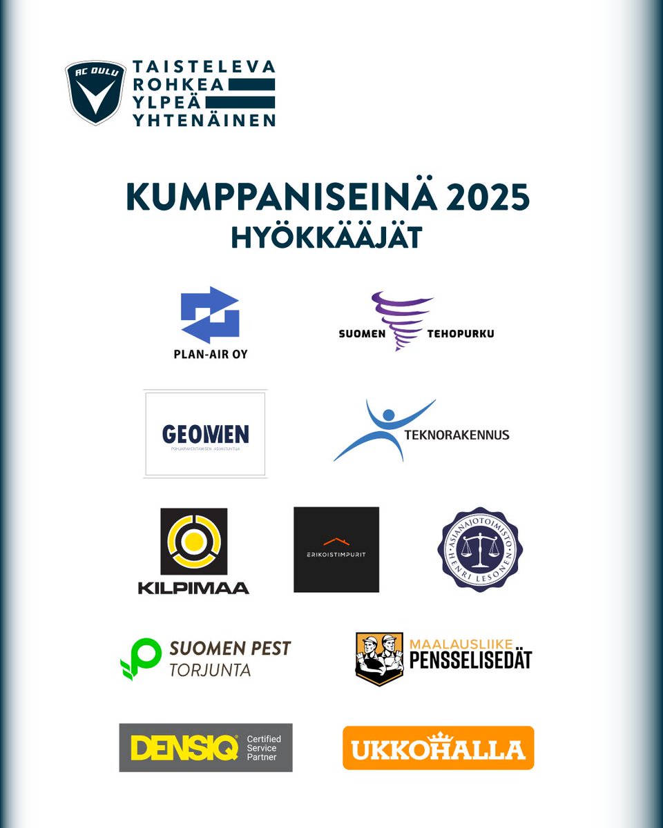 Hyvää pelipäivää toivottaa AC Oulun kumppaniseinän hyökkääjät kaudella 2025.

#ACOulu
#Oulu
#Laivastonsiniset
#OuluOnLaivastonsininen