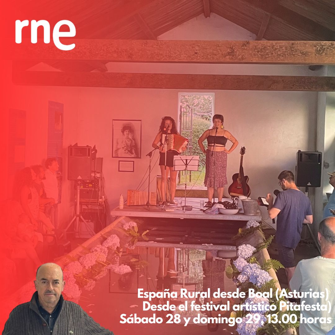 España Rural RNE (@espanaruralrne) on Twitter photo Este fin de semana hacemos el programa desde el Pita Festa, un festival artístico rural que se celebra en Boal, en el Principado de Asturias. Este sábado estaremos en directo desde la granja donde se celebra. Os esperamos a las 13 horas en <a href="/rne/">Radio Nacional</a> Este fin de semana hacemos el programa desde el Pita Festa, un festival artístico rural que se celebra en Boal, en el Principado de Asturias. Este sábado estaremos en directo desde la granja donde se celebra. Os esperamos a las 13 horas en <a href="/rne/">Radio Nacional</a>