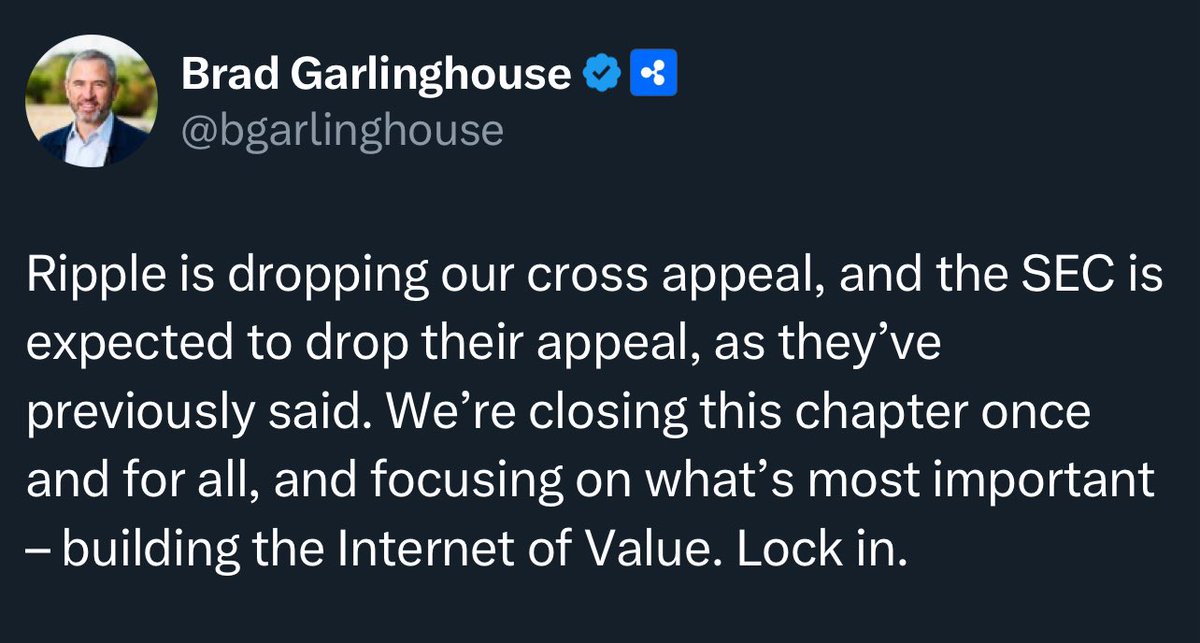 Good Morning Crypto (@absgmcrypto) on Twitter photo BREAKING: 🇺🇸 SEC & RIPPLE PLAN TO DROP APPEALS - ENDING 4 YEAR COURT CASE!
“Ripple is dropping our cross appeal, and the SEC is expected to drop their appeal, as they’ve previously said.” — <a href="/bgarlinghouse/">Brad Garlinghouse</a> BREAKING: 🇺🇸 SEC & RIPPLE PLAN TO DROP APPEALS - ENDING 4 YEAR COURT CASE!
“Ripple is dropping our cross appeal, and the SEC is expected to drop their appeal, as they’ve previously said.” — <a href="/bgarlinghouse/">Brad Garlinghouse</a>