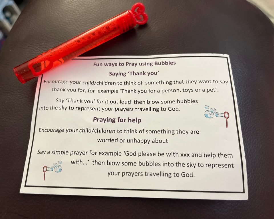 Lancaster Road URC are open for two days of prayer. There’s activities for children to enjoy inside the church and they were handing out little tubes of bubbles and a sheet with ideas of how children could use bubbles to pray. #Enfield