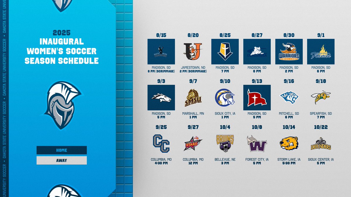 Dakota State University Athletics (@dsu_trojans) on Twitter photo W⚽️: There are a couple small adjustments to the starting time to the inaugural <a href="/DSU_WSoccer/">Dakota State Women's Soccer</a> schedule this fall. Check out the schedule and book it on your calendar!
📅 dsuathletics.com/sports/womens-…
#TrojanNation⚔️ #TheRightWayToPlay W⚽️: There are a couple small adjustments to the starting time to the inaugural <a href="/DSU_WSoccer/">Dakota State Women's Soccer</a> schedule this fall. Check out the schedule and book it on your calendar!
📅 dsuathletics.com/sports/womens-…
#TrojanNation⚔️ #TheRightWayToPlay