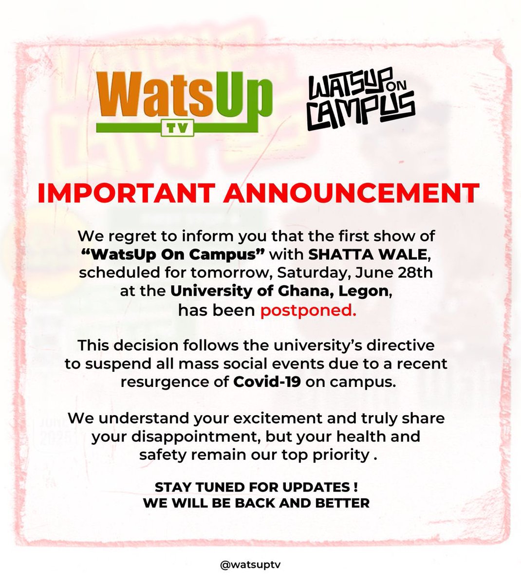 yo_badman's tweet image. Important Announcement 📢 Shatta Wale’s upcoming show has been officially postponed. New date will be communicated soon. Stay tuned and thank you for your support! 🙏💥 #ShattaWale #SMFamily #EventUpdate&quot;