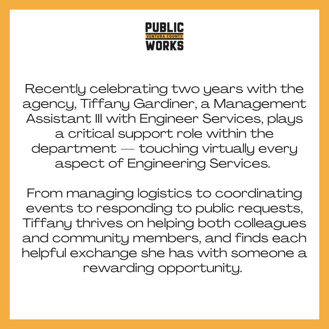 VCPublicWorks's tweet image. Recently celebrating two years with the agency, Tiffany Gardiner, a Management Assistant III with Engineer Services, plays a critical support role within the department — touching virtually every aspect of Engineering Services.🏗️