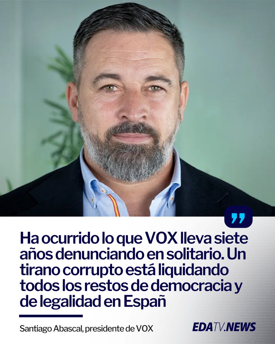 🇪🇸 | Santiago Abascal, presidente de VOX, se pronunció con dureza sobre la amnistía: «Ha ocurrido lo que VOX lleva siete años denunciando en solitario. Un tirano corrupto está liquidando todos los restos de democracia y de legalidad en España».