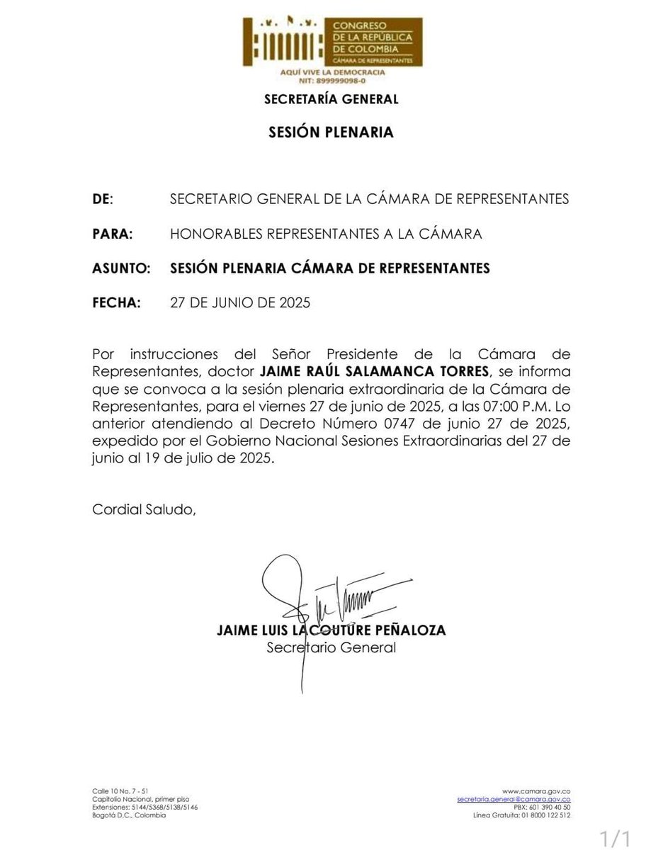 El Presidente de la Cámara de Representantes, Jaime Raúl Salamanca, citó a sesiones extraordinarias a la plenaria de la Cámara este viernes 27 de junio a las 7:00 p.m., para subsanar el trámite de la Reforma Pensional.

El Presidente <a href="/petrogustavo/">Gustavo Petro</a> envió un mensaje de unidad a