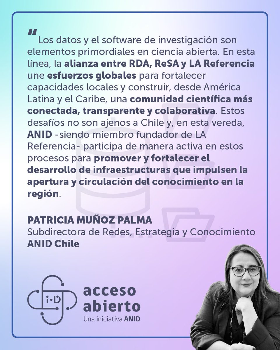 ANID Ciencia Abierta (@anid_abierta) on Twitter photo 🌐Te invitamos a conocer más sobre la Alianza <a href="/resdatall/">Research Data Alliance (RDA)</a> - ReSA - <a href="/LAReferenciaAA/">LA Referencia</a>.
Revisa su primera sesión virtual orientada a la importancia de datos y software en la investigación.
💻 recursos.lareferencia.info/alianza-cienci…
📺 youtube.com/watch?v=JH-O7o…
#OpenScience 🌐Te invitamos a conocer más sobre la Alianza <a href="/resdatall/">Research Data Alliance (RDA)</a> - ReSA - <a href="/LAReferenciaAA/">LA Referencia</a>.
Revisa su primera sesión virtual orientada a la importancia de datos y software en la investigación.
💻 recursos.lareferencia.info/alianza-cienci…
📺 youtube.com/watch?v=JH-O7o…
#OpenScience