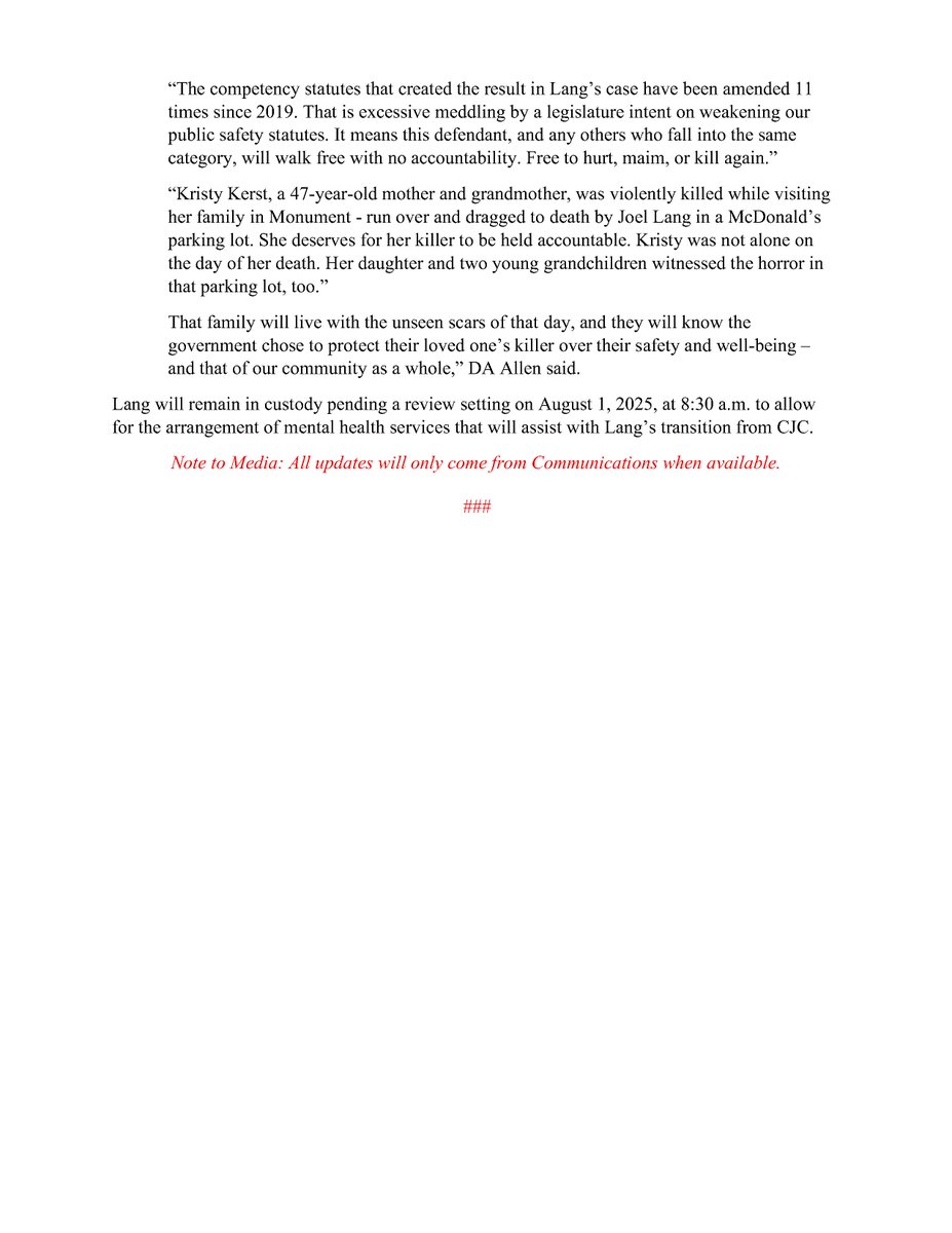 On June 27, 2025, the case against Joel Lang was dismissed after the court previously found him incompetent to proceed and that his competency could not be restored.