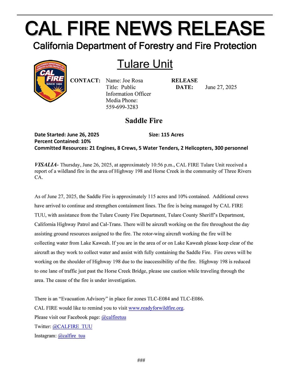CALFIRE_TUU's tweet photo. Incident Update: #SaddleFire Firefighters are responding to a wildland fire in the area of Horse Creek Road, west of Three Rivers.
The fire is now at approximately 115 acres, with containment at 10%.
🧵 (1/2) https://t.co/znPREZMBa6