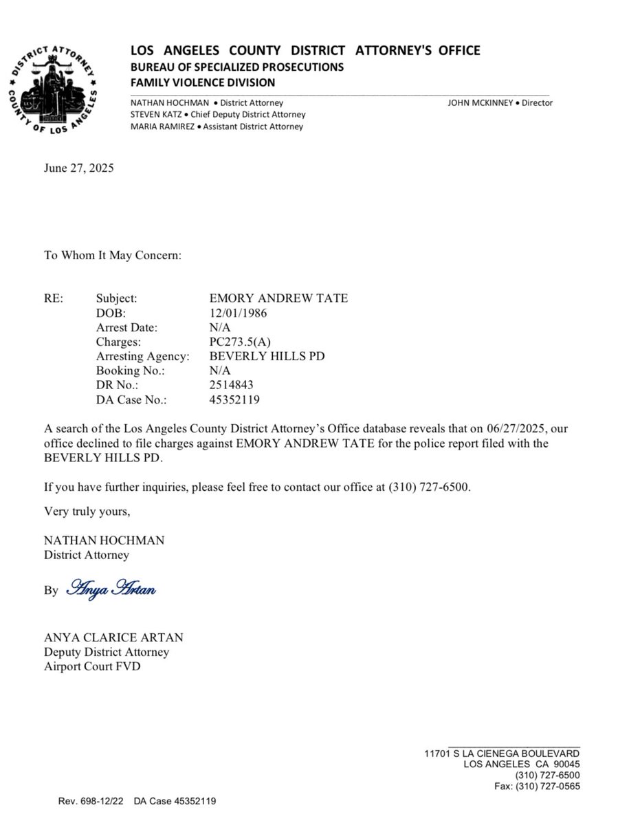 McBrideLawNYC's tweet image. 🚨HUGE WIN: Andrew Tate CLEARED of CRIMINAL CHARGES in LOS ANGELES!

LA DA REJECTS Bri Stern’s false claims after our legal team’s epic fight to expose lies! 
 
Truth Triumphs! LET’S GO!  🔥🔥🔥

Let's celebrate— share this W for @Cobratate!