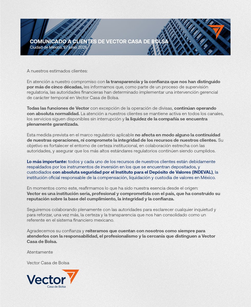 📢🚨Vector Casa de Bolsa deja de operar divisas.

En medio del proceso de supervisión regulatoria, Vector reafirma su solidez: todas sus funciones, excepto la operación de divisas, continúan con total normalidad.