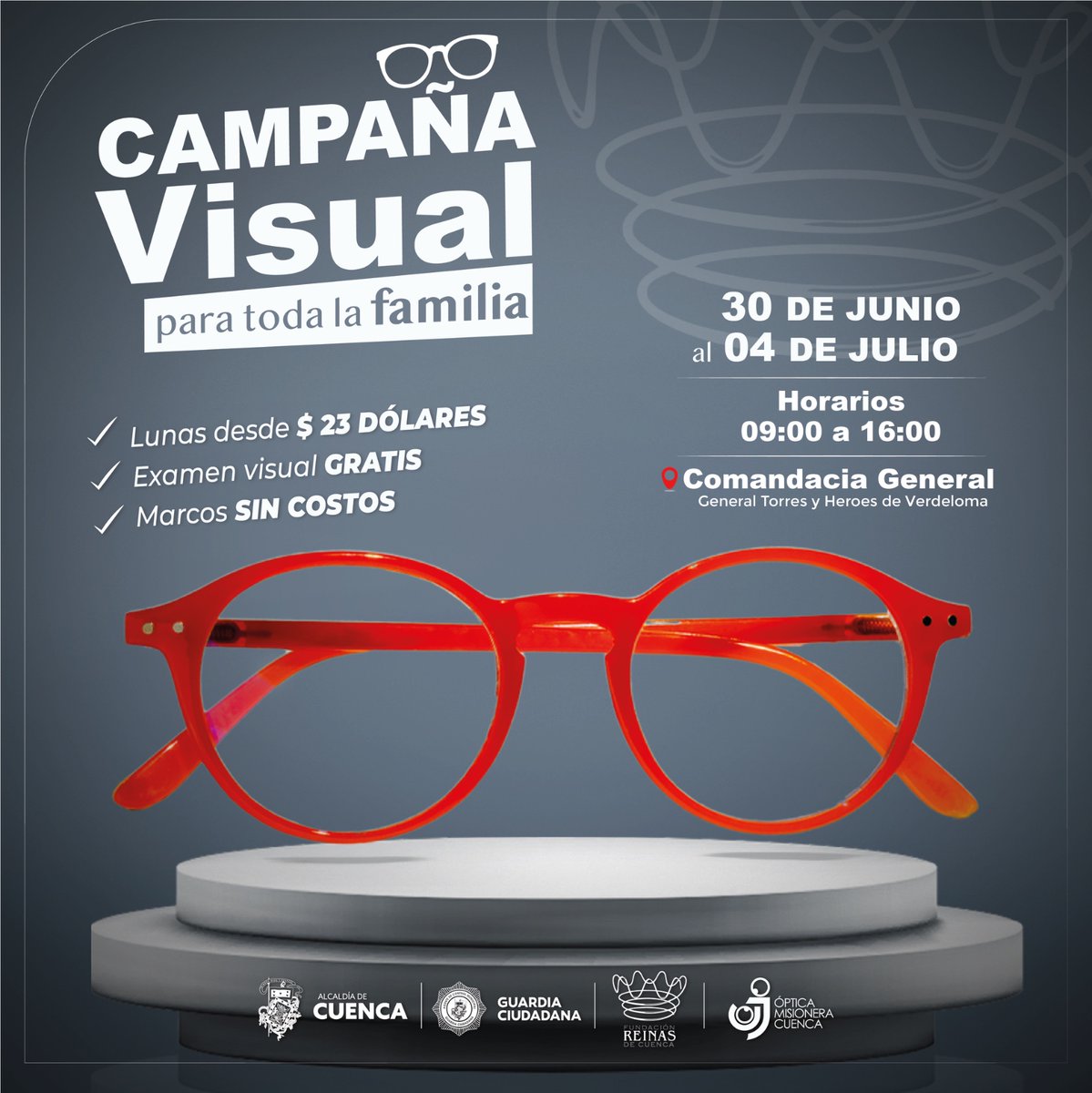 Te invitamos a la campaña visual con el apoyo de la Fundación Reinas de Cuenca.

Ven con toda tu familia a la Comandancia General de la #GuardiaCiudadana, lentes a costos solidarios.

#OrdenControlSeguridadc