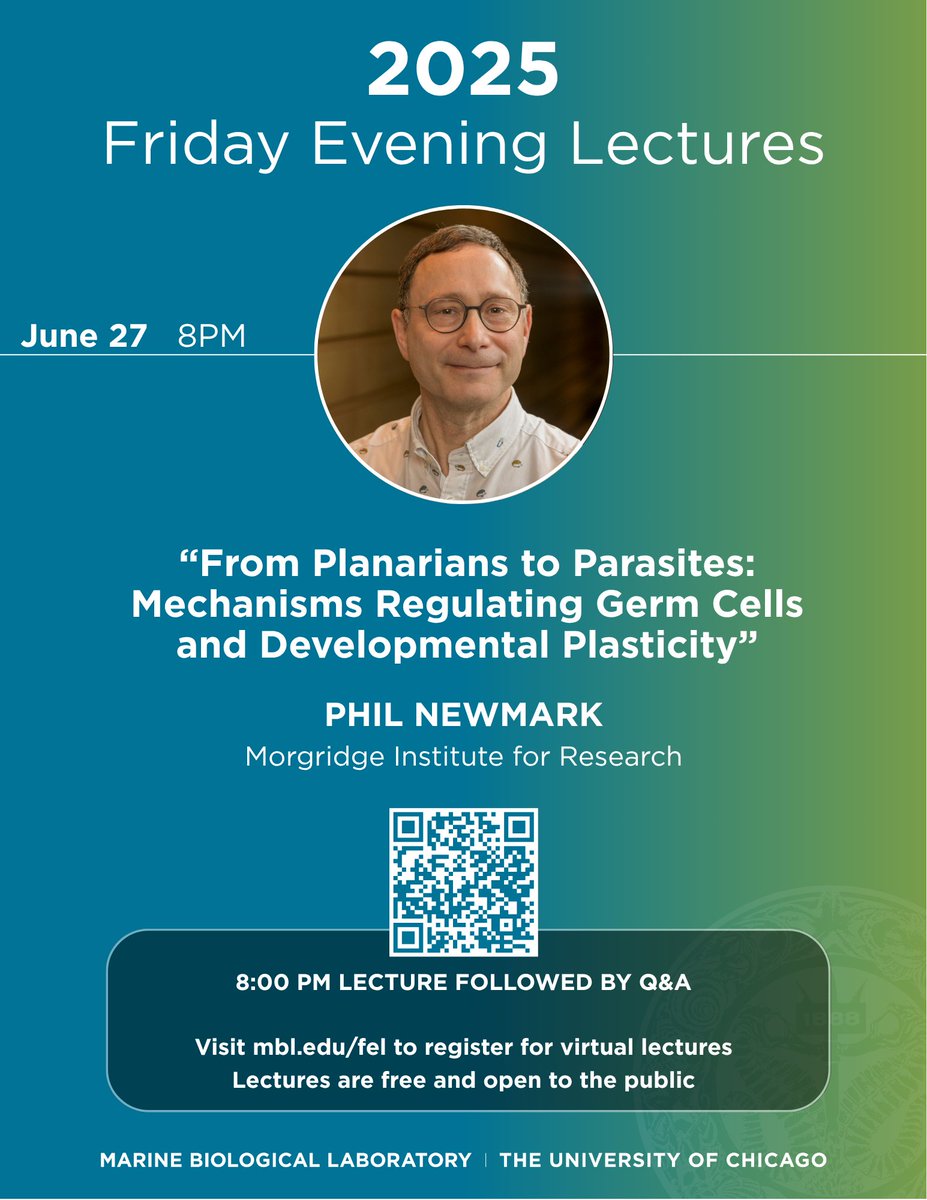 MBLScience's tweet image. Join us tonight for a Friday Evening Lecture from Phil Newmark, Burnell R. Roberts Chair in Regenerative Biology at the Morgridge Institute for Research.
Come by Clapp Auditorium in the Lillie Building at 8 p.m. or register to view the lecture online at mbl.edu/fel