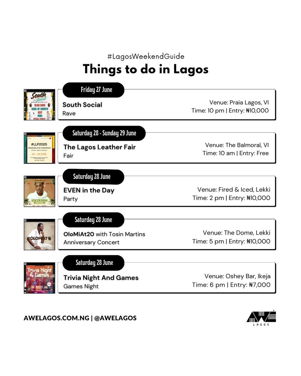 AweLagos's tweet photo. The weekend’s here again and we’ve got you covered!
If you’re wondering where to go or what to do, don’t worry — we’ve curated 15 amazing things to do in Lagos this weekend just for you.
Explore, unwind, and make the most of it.
Enjoy your weekend! 🤍
#LagosWeekendGuide https://t.co/4B3KlGk8V0