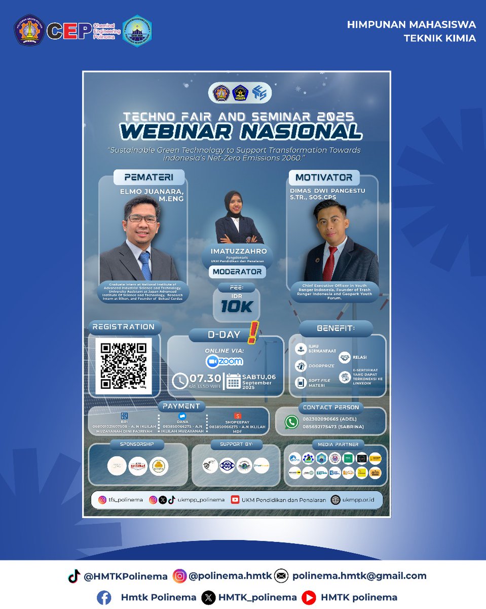 [𝗟𝗞𝗧𝗜 𝗧𝗘𝗖𝗛𝗡𝗢 𝗙𝗔𝗜𝗥 &amp; 𝗪𝗘𝗕𝗜𝗡𝗔𝗥 𝟮𝟬𝟮𝟱]

Punya ide buat masa depan bumi? 
Atau mau dapet insight teknologi hijau langsung dari ahilnya?

Yuk ikutan LKTI &amp; Webinar Nasional bertema Net-Zero Emissions 2060!
Cek pamfletnya, jangan sampai ketinggalan! 🫵🏻