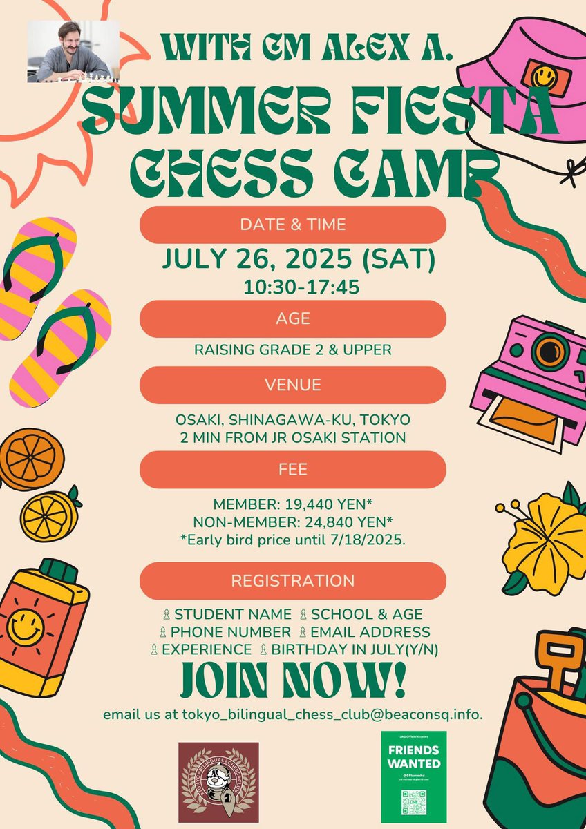 TKY_BLChessClub's tweet image. Looking for an activity during the Summer break?
Here's one we're thinking about for chess beginners & intermediate players:
facebook.com/share/19BnPSRA…