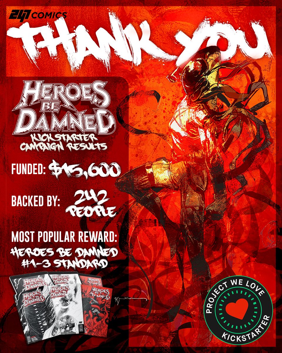 247ComicsHQ's tweet image. WE DID IT: HEROES BE DAMNED FUNDED
$15,600 raised
242 backers who demanded better superhero comics
This is what revolutionary storytelling looks like when a community backs it
Late pledges open until 7/11 - don’t miss the revolution
#HeroesBeDamned #Funded #242Backers #247Comics…