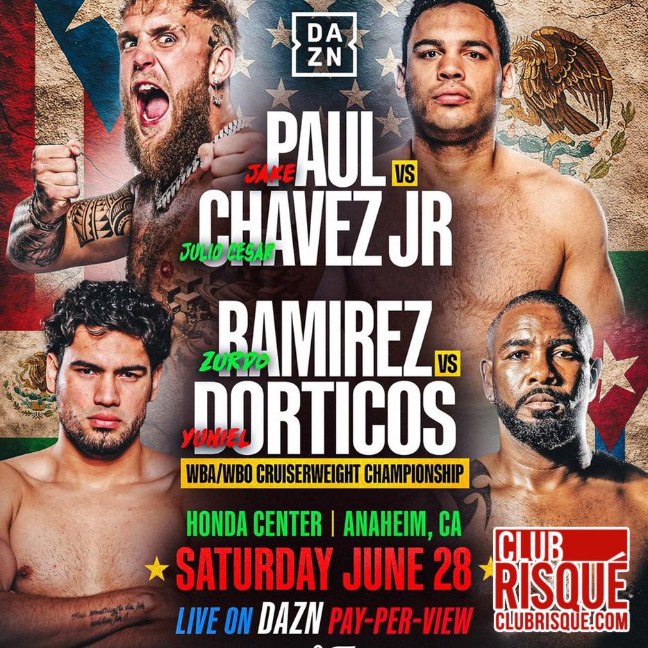 ClubRisque's tweet image. Jake PAUL vs Julio Caesar CHAVEZ JR on Saturday JUNE 28th with your #RisqueGirls.  Open until 4AM in the city! #Entertainment #PhillyNightLife @DAZNBoxing