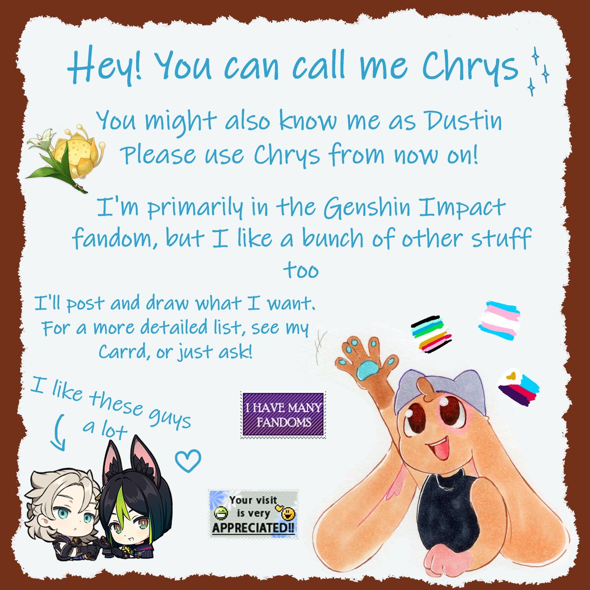 toeto_teto's tweet image. ✦ Hiya, I&apos;m Chrys! 

I like drawing, writing, and having a good time.
You&apos;ll find more in the links below ☆ ～(^▽^人)  

✦ toeto-teto.carrd.co
✦ toetoteto.straw.page 

Thanks for stopping by!